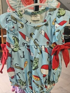 Blue Fishing Lure Print Baby Romper with Red Tie Bows